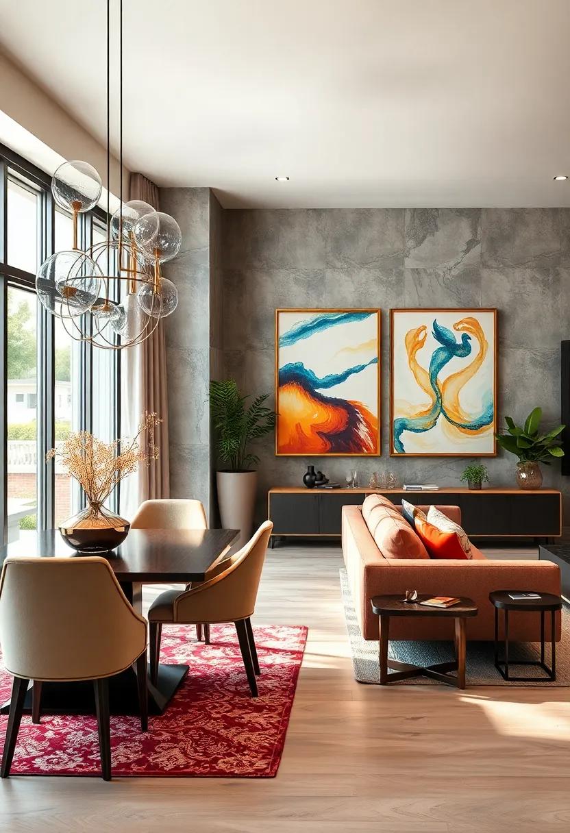Highlight artwork that complements both the dining and living areas to create visual harmony