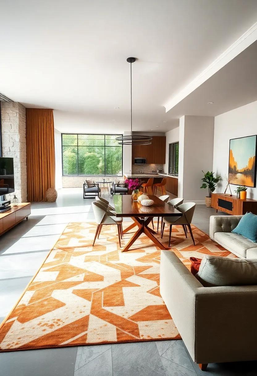 Integrate a bold area rug to visually define the dining zone within the larger room