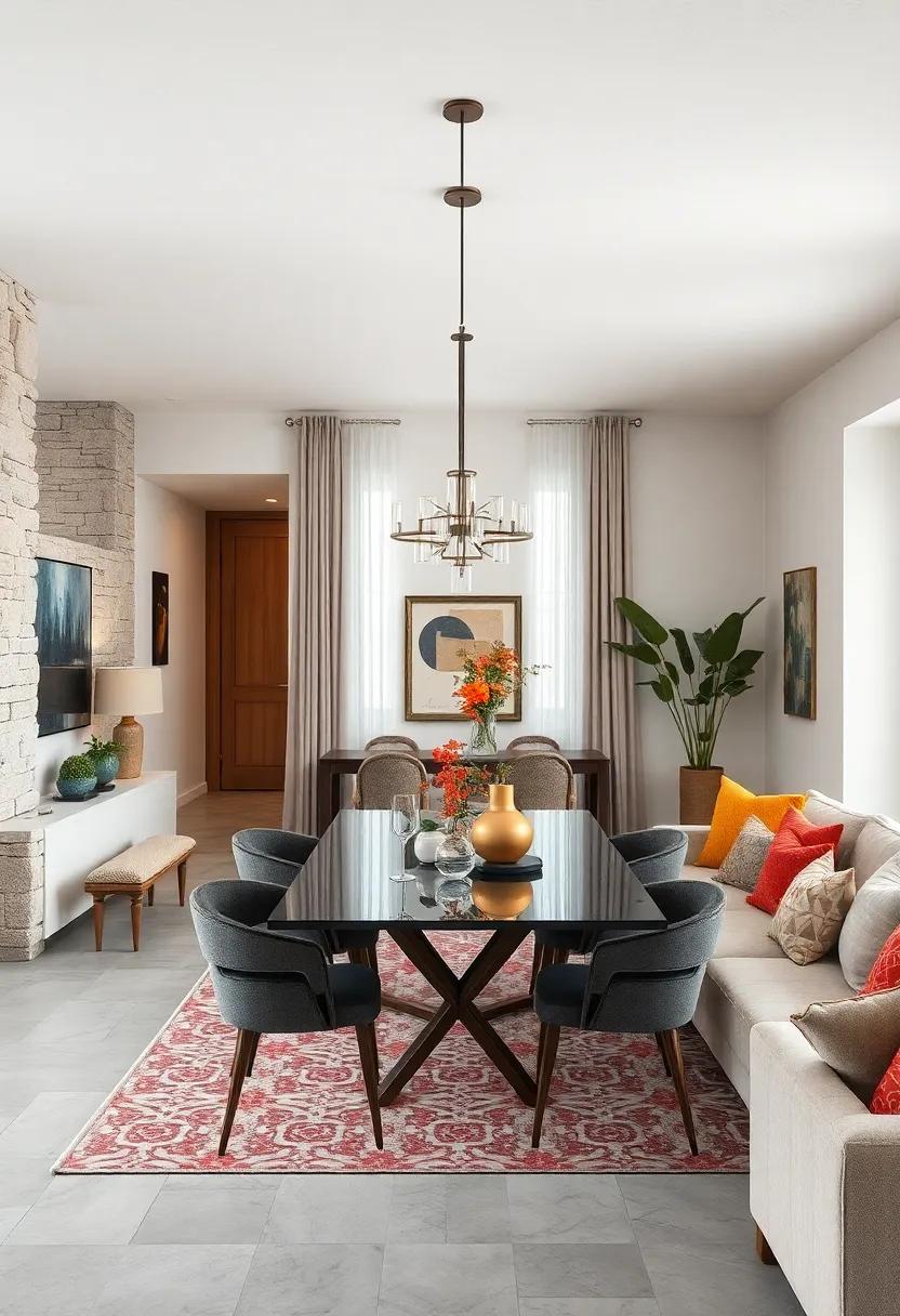 Use a coherent color palette to unify the dining and living areas