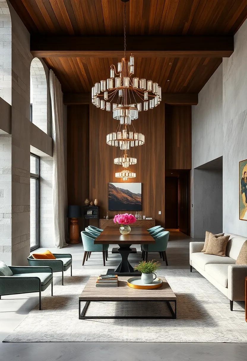Create a focal point with a statement chandelier that enhances both dining and living zones