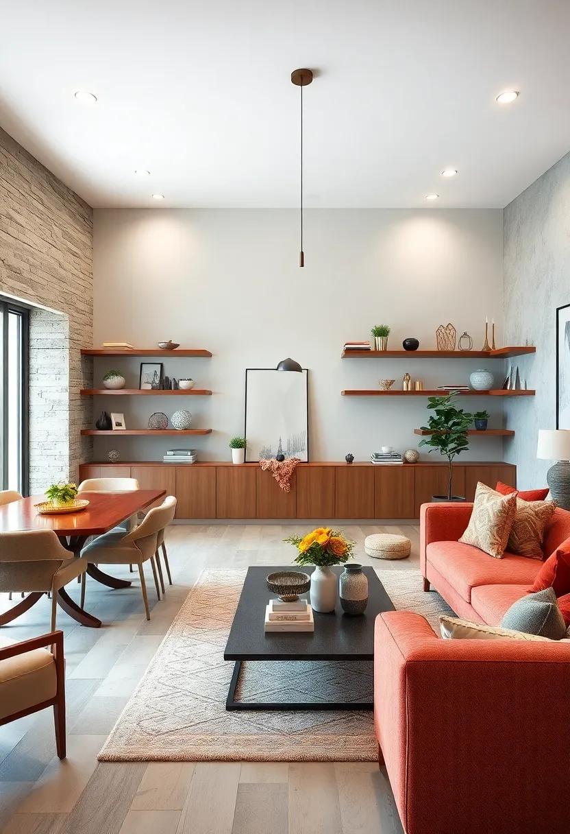 Incorporate floating shelves for displaying decor and freeing up floor space