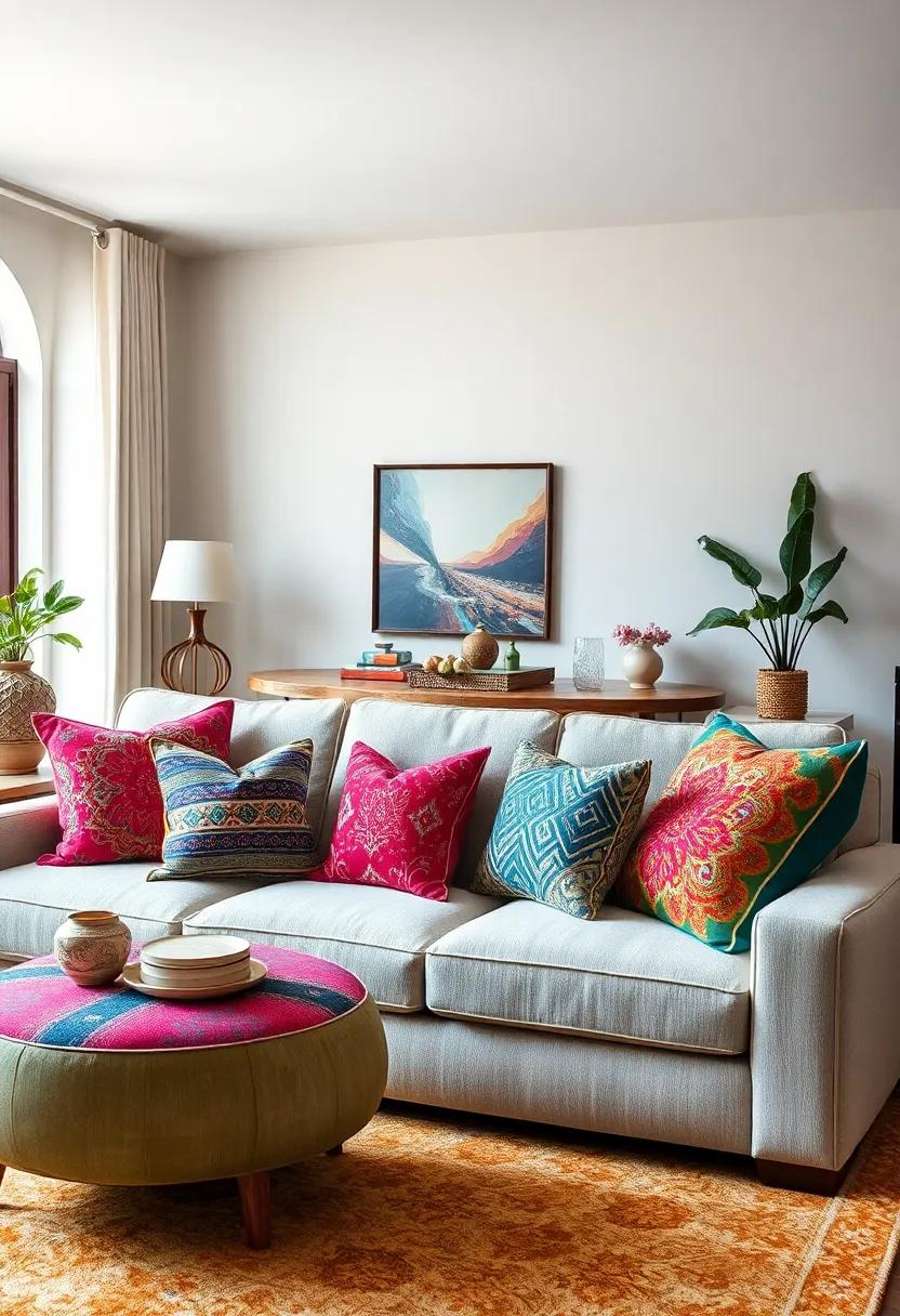 Mix patterned throw pillows in bold hues to add instant vibrancy to‌ a neutral sofa