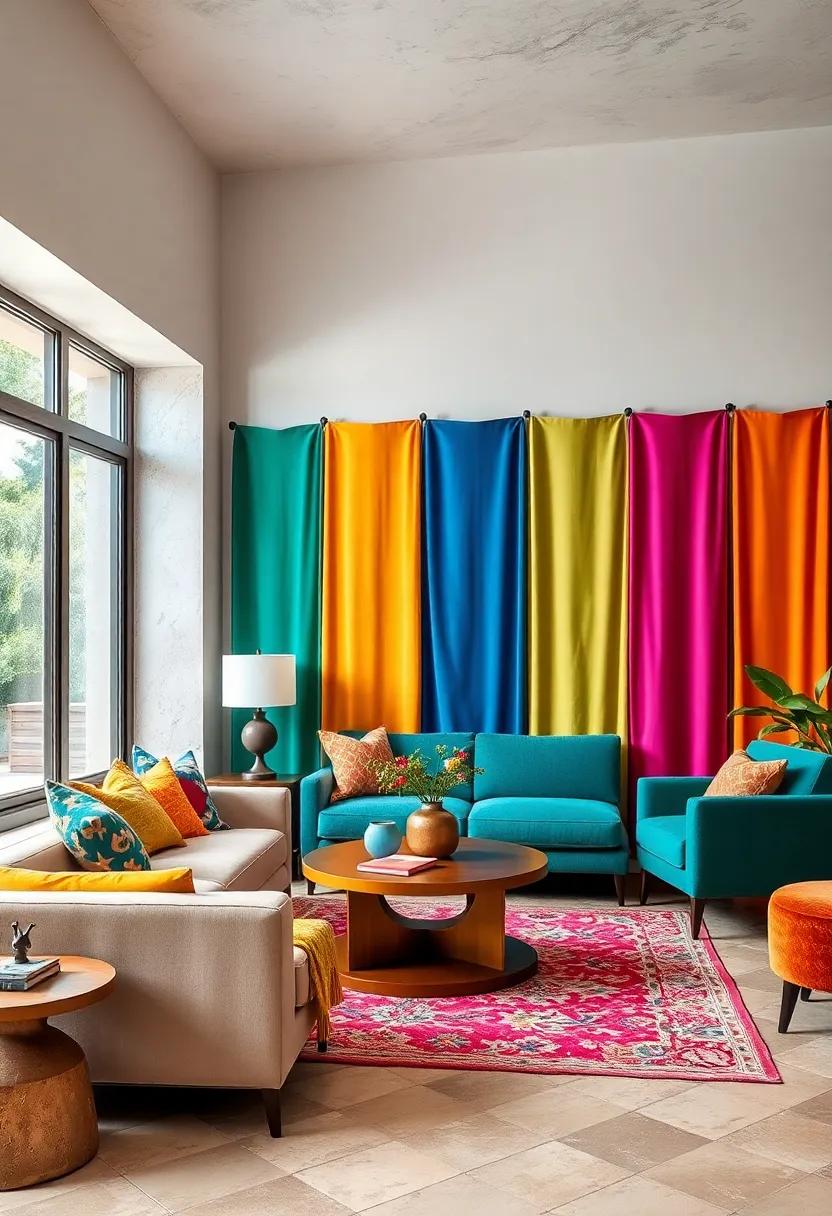 Use colorful fabric panels‌ to create a room divider that doubles as an accent piece