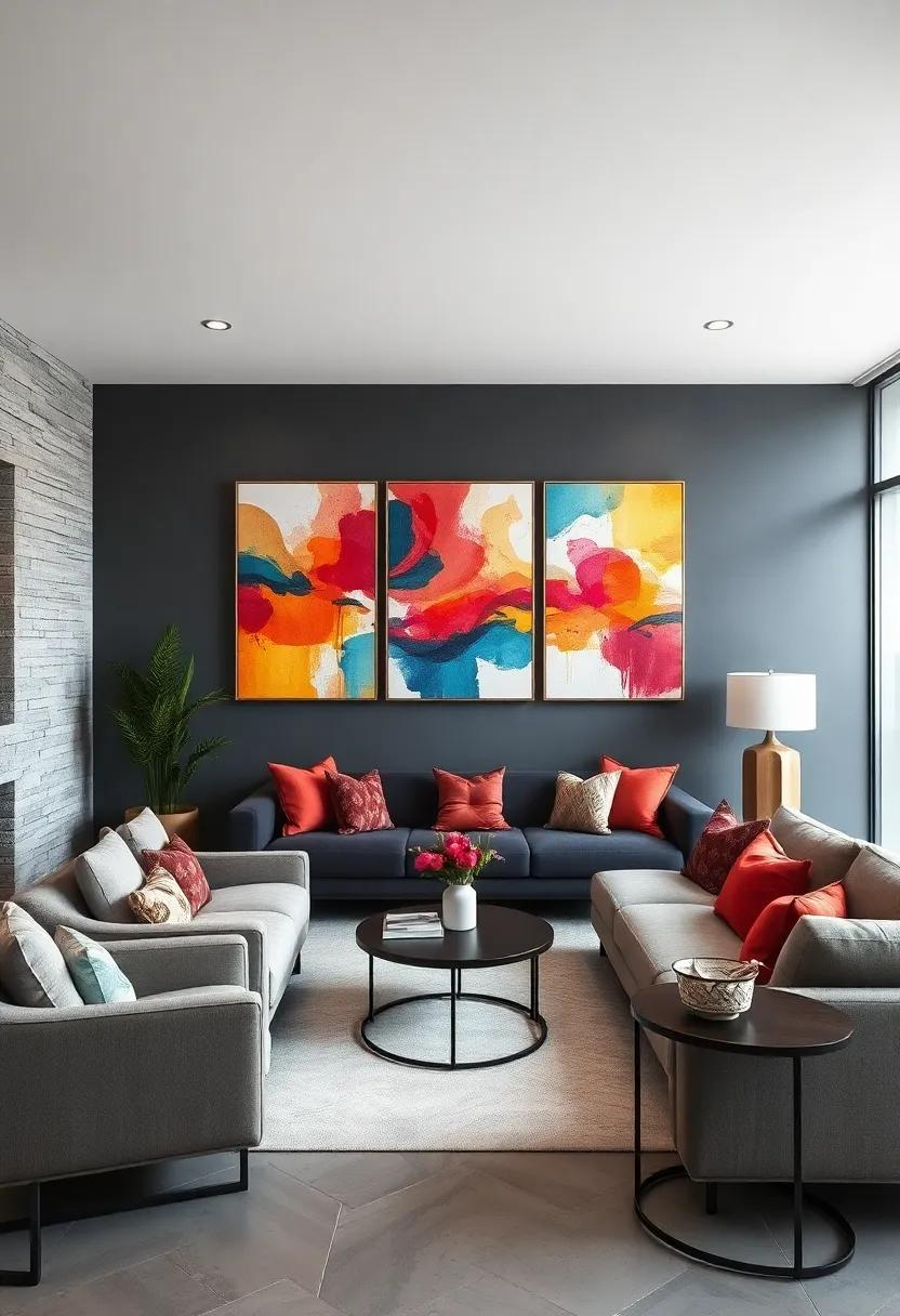 Embrace‌ a bold contrast by pairing deep charcoal gray walls with vibrant abstract paintings that energize the​ living room