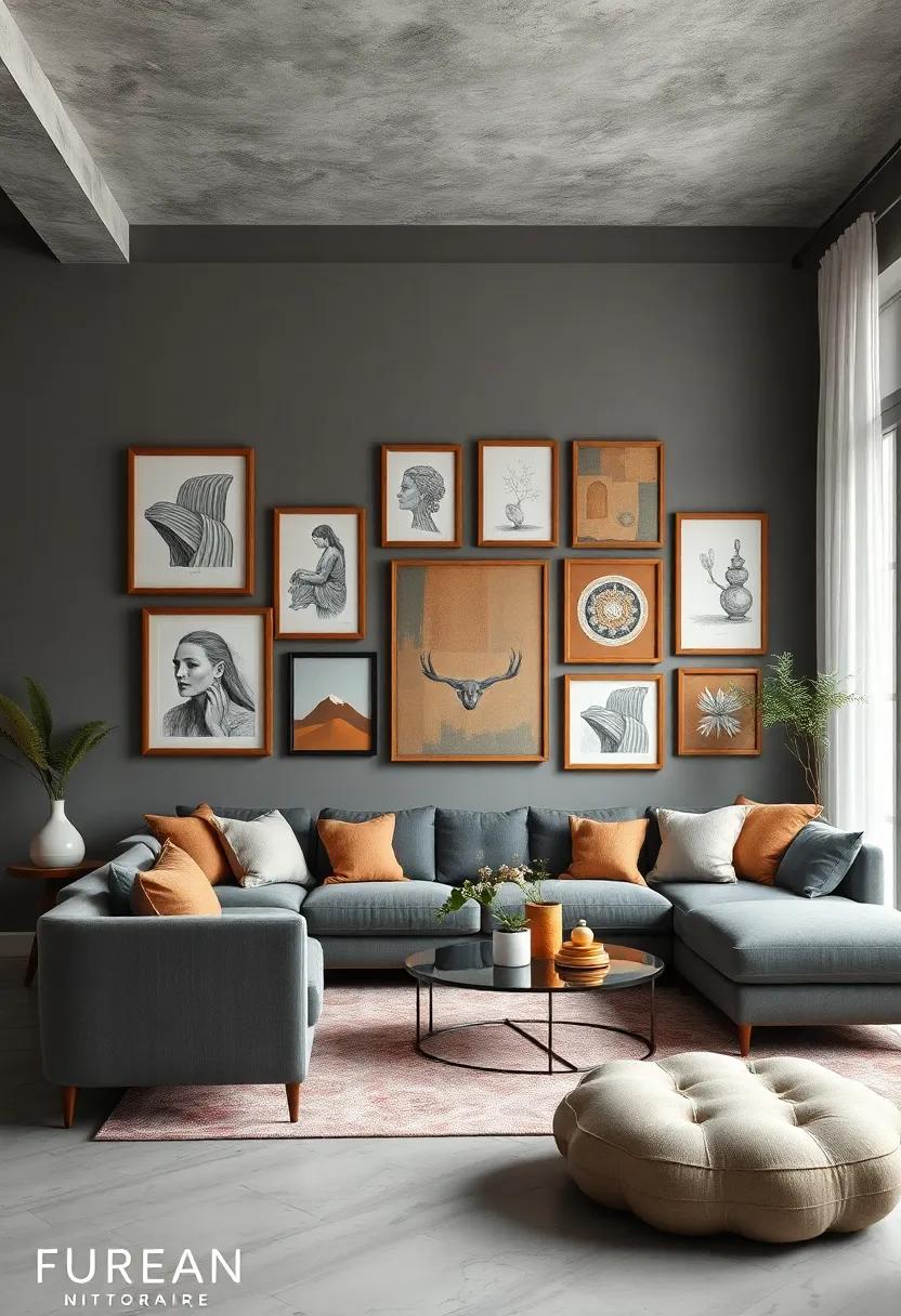 Contrast⁢ cold‍ gray‌ walls with warm wood frame gallery collections showcasing eclectic paintings and sketches