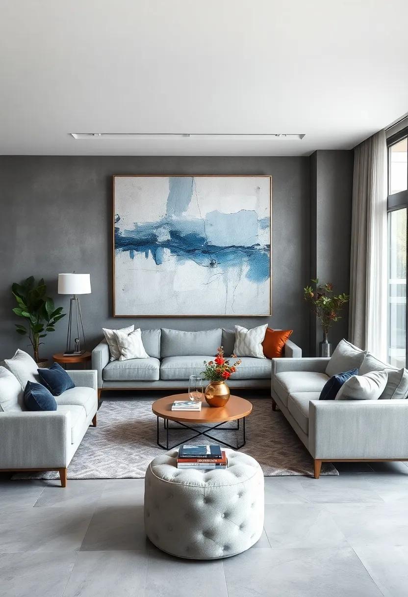 Anchor the ‍room with a large abstract expressionist canvas in ​muted blues⁢ and ⁢grays to‌ complement neutral furnishing
