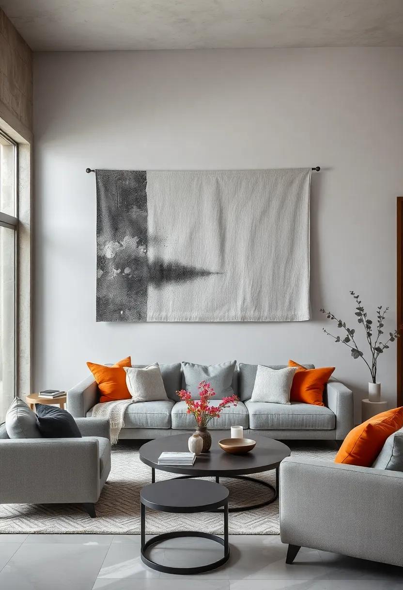 Create visual harmony by featuring artisan woven tapestries in charcoal⁣ and silver ⁤hues over ⁤pale ‍gray backgrounds