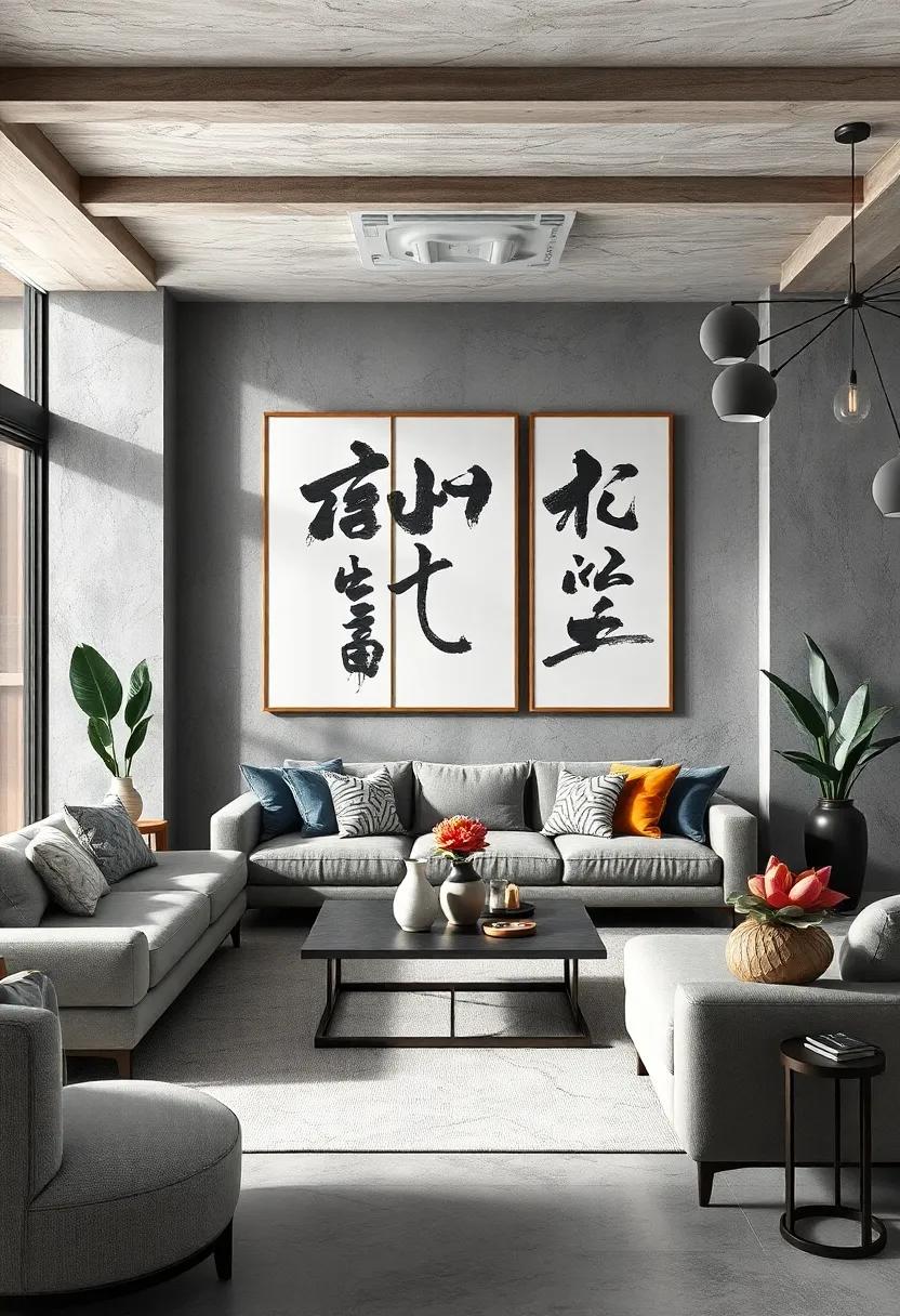 Soften modern gray interiors‍ with classic ‍black brushstroke calligraphy prints, embracing simplicity and elegance