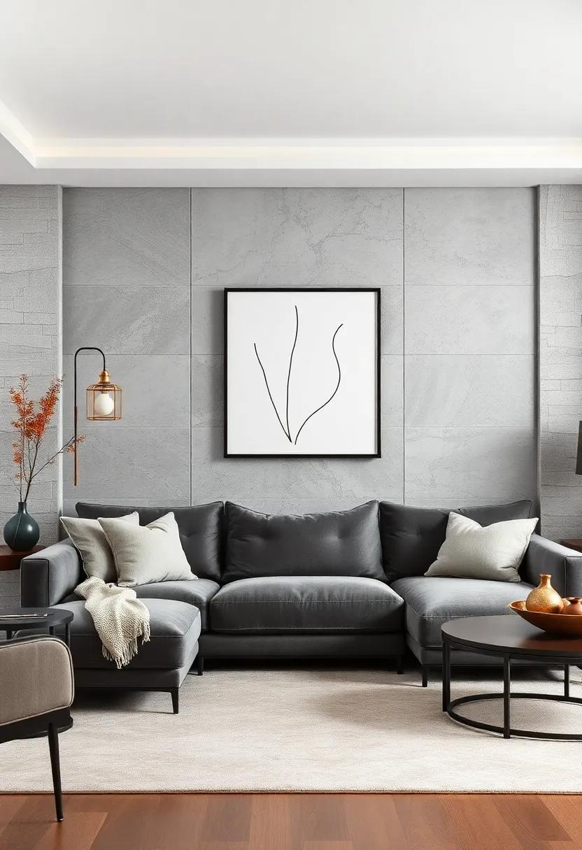 Integrate subtle‍ textured wall panels behind a gray velvet sofa, adorned with minimalist line art to⁢ enhance visual interest