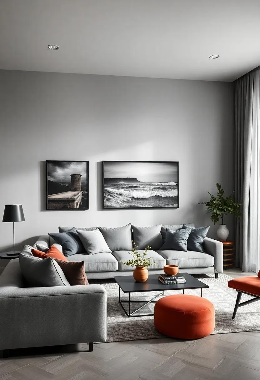 Frame dramatic dark landscapes or stormy seascapes in sleek‌ black frames‍ to intensify moody gray ⁢living rooms