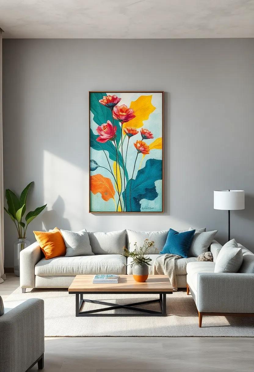 Highlight a statement wall in smoky gray adorned with metallic gold-framed art ​pieces for a touch of understated glamour