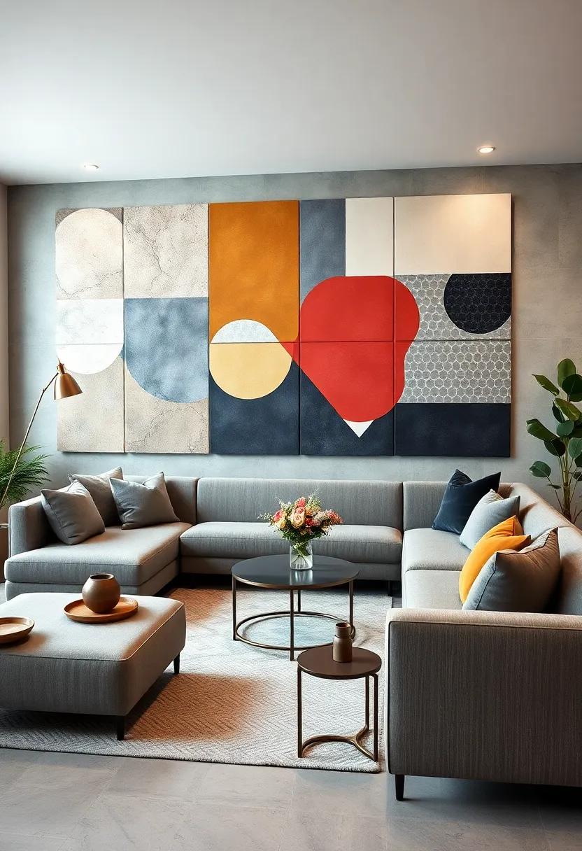 Offset⁢ sleek gray sofas with large-scale geometric wall murals that ⁣add a ‌modern artistic‌ flair without overwhelming the space