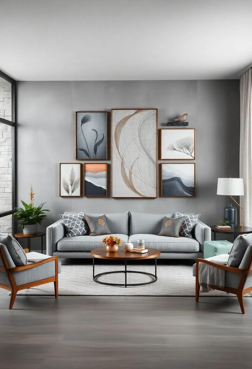 Use a gallery wall of mixed-media pieces in various gray tones with hints of blush⁣ or navy for ‍a sophisticated⁢ display