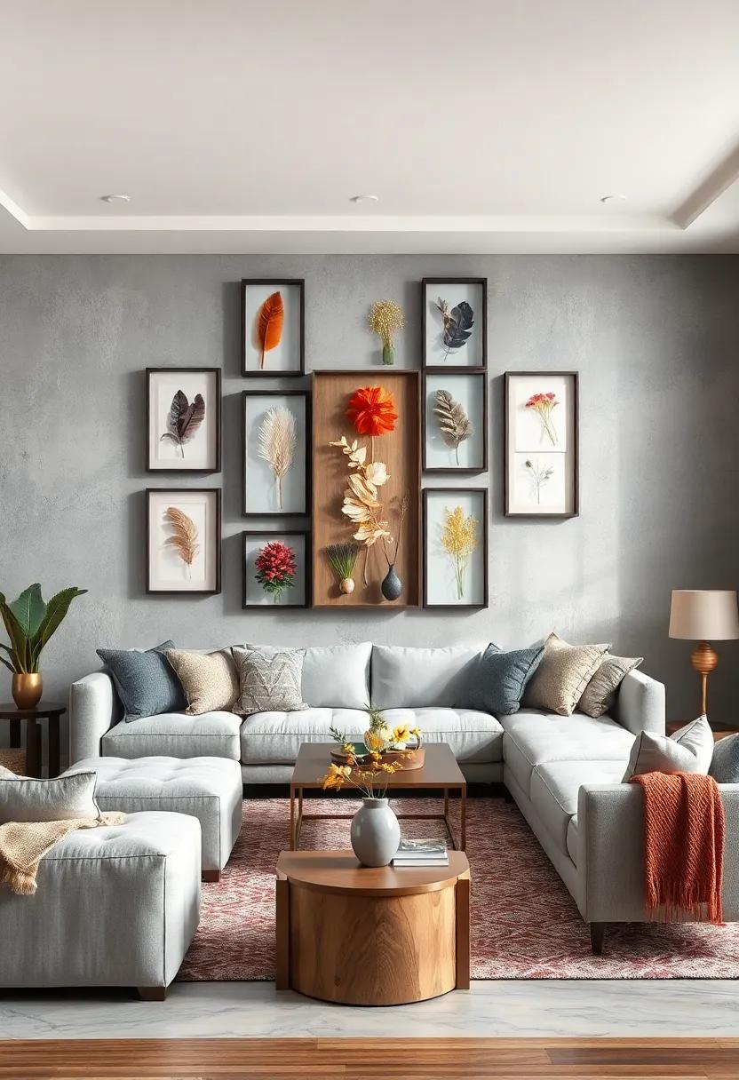 Add ⁣depth with layered shadow boxes containing natural ‍elements like dried flowers or feathers,framed‌ on soft gray walls