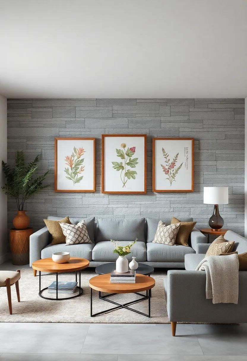 Opt⁢ for‌ a rusticated stone accent wall in gray tones paired ⁢with ⁢rustic wooden frames hosting vintage botanical prints