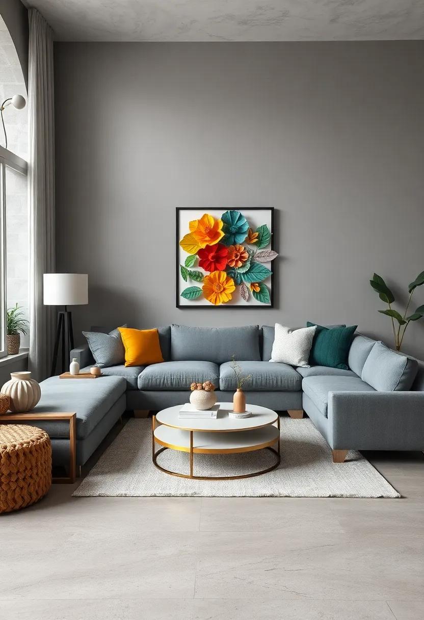 Balance a sleek gray sectional ‍with whimsical,⁤ colorful hand-cut paper art that brings​ tactile warmth‌ to the ‍walls
