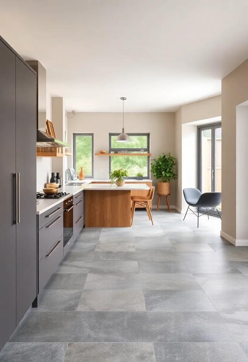 Large Slate-Effect Porcelain Tiles: Combining slate's natural appeal with porcelain's durability, these tiles offer a practical yet stylish choice for contemporary kitchens