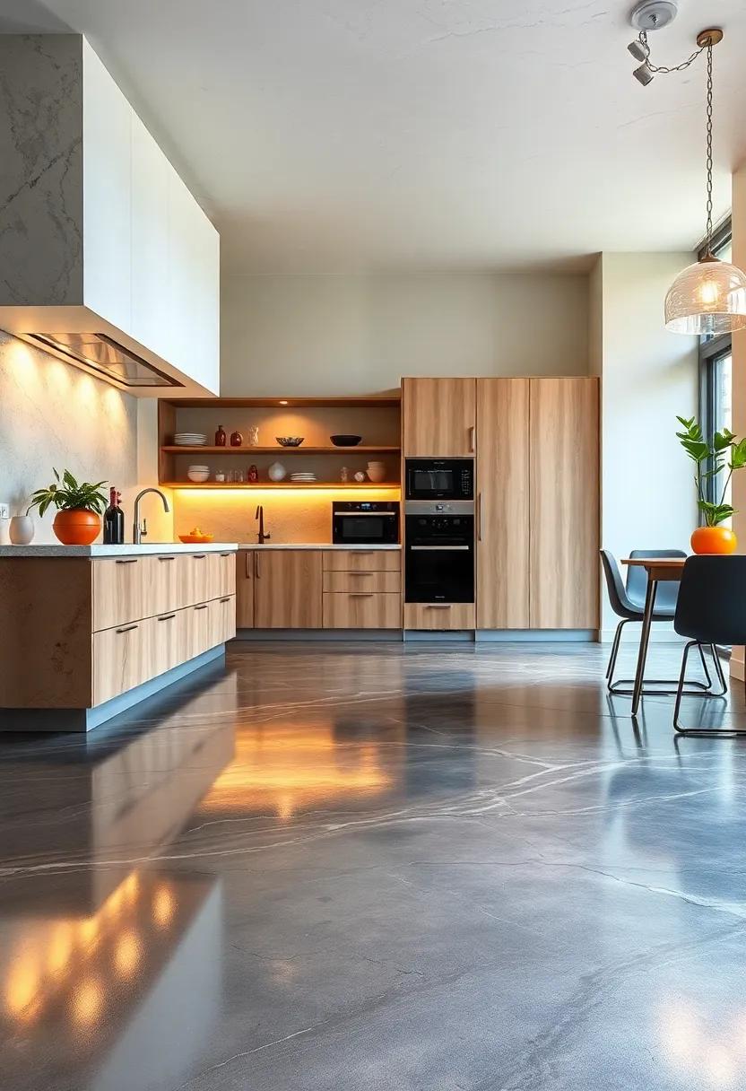 Metallic Epoxy Floors: For a ​dramatic, futuristic floor, metallic epoxy coatings create shimmering surfaces that reflect light and elevate the kitchen's visual impact
