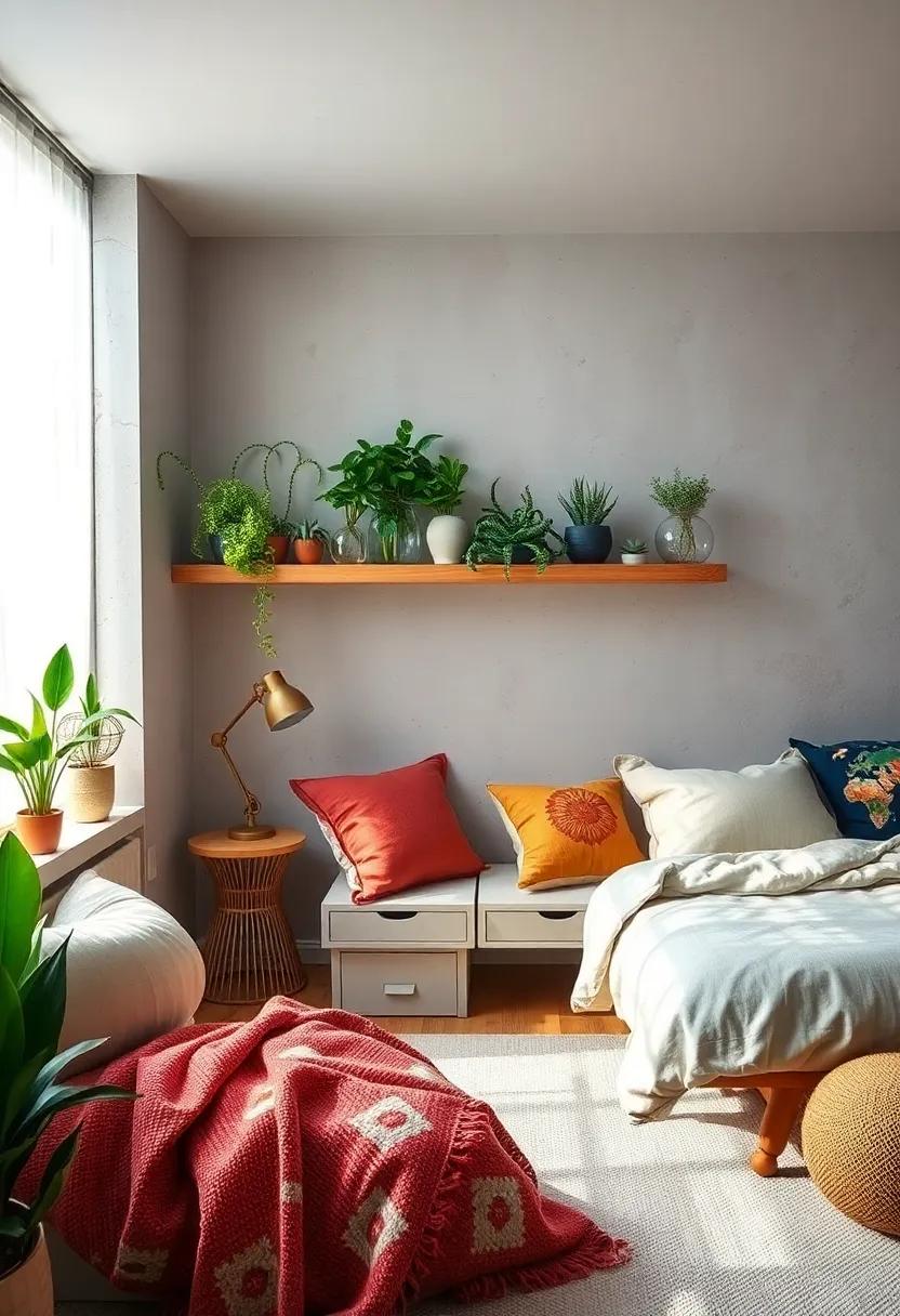 Add a collection of air plants or succulents on floating shelves to introduce low-maintenance greenery