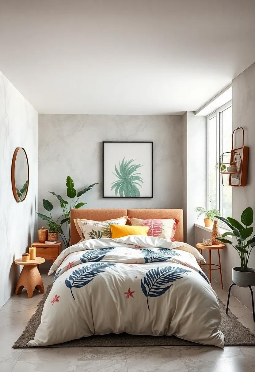 Choose bedding featuring botanical prints like ferns, flowers, or trees for subtle nature vibes