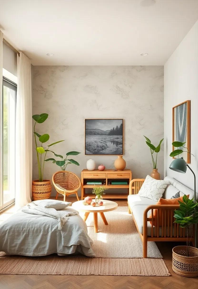 Choose furniture with clean lines and natural finishes like bamboo or rattan for an airy, organic feel