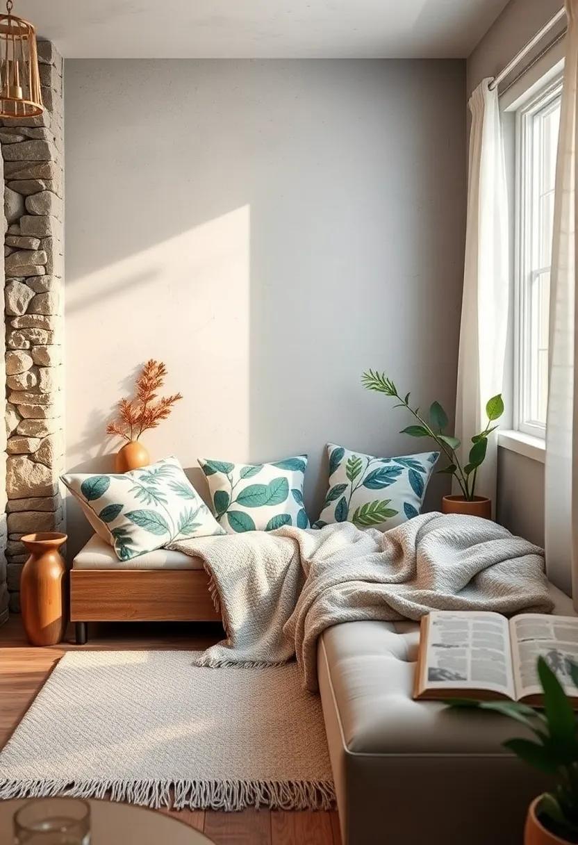 Create a cozy reading nook accented with leaf-print cushions and a nature-inspired throw blanket