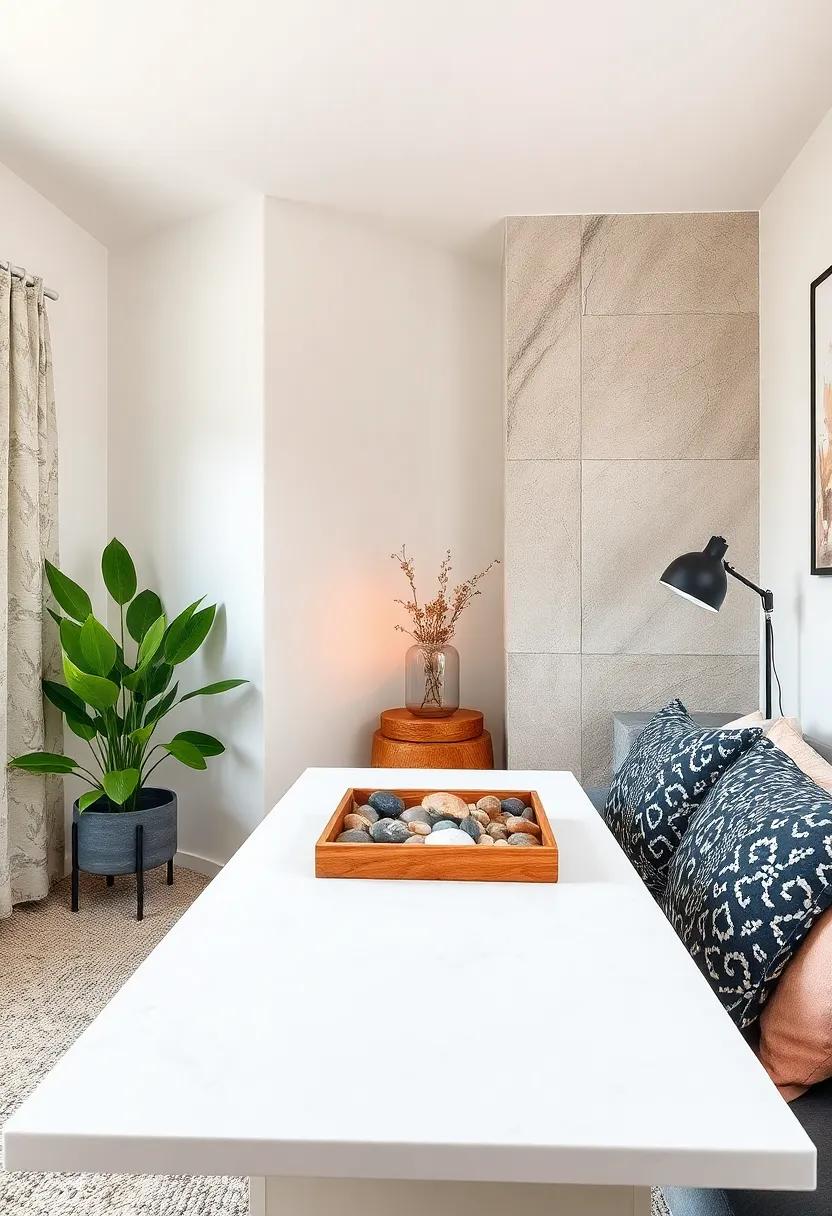 Incorporate a pebble or river rock tray organizer on the desk for a natural tactile touch