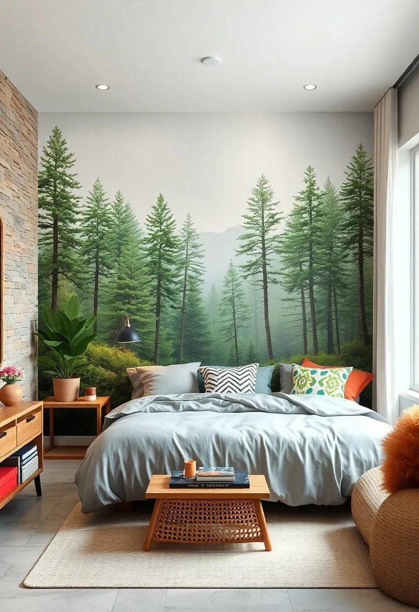 Place a nature-themed mural or large wall decal depicting forest landscapes to make a bold statement