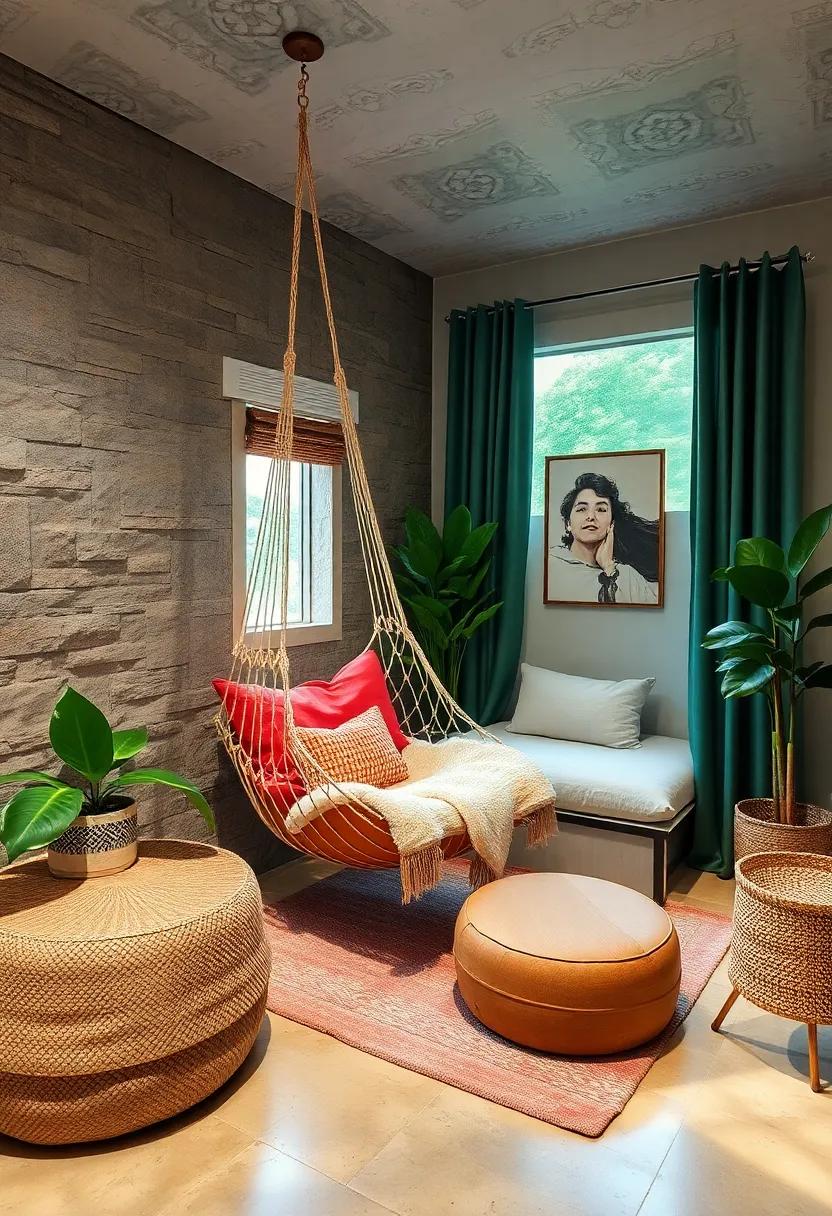 Use a hammock chair for a cozy, nature-inspired seating option that saves floor space
