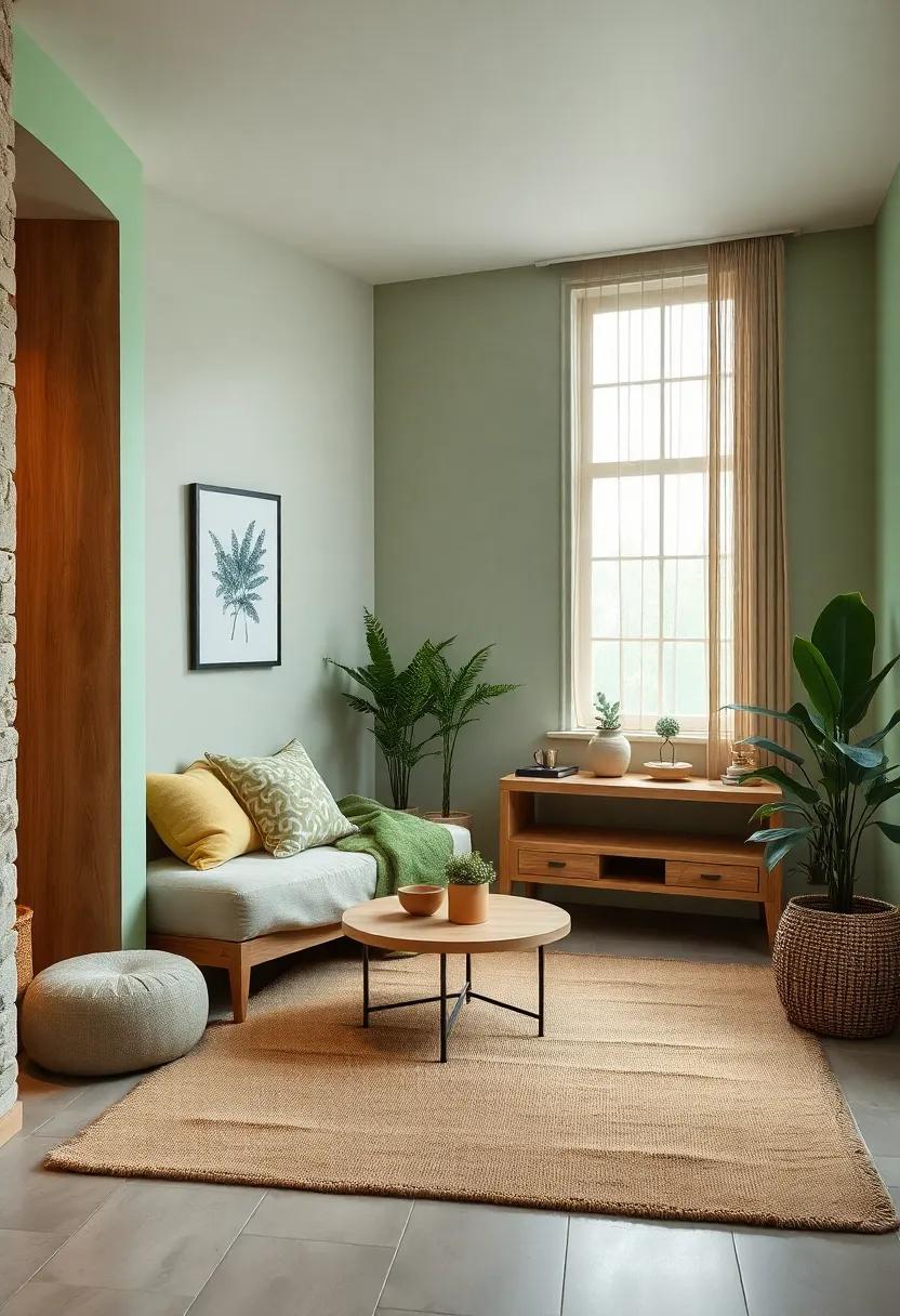 Use a nature-inspired color palette of greens, soft browns, and muted blues to evoke tranquility