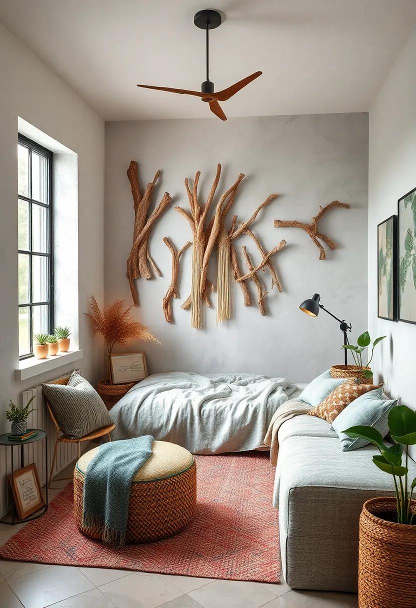 Use driftwood or twig wall hangings as unique, handcrafted art elements that connect indoors with outdoors