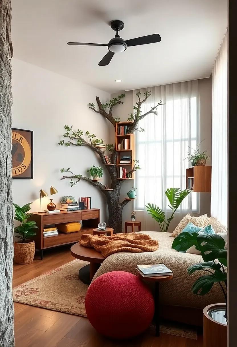 use a tree-shaped bookshelf to add both functionality and a whimsical nod to nature