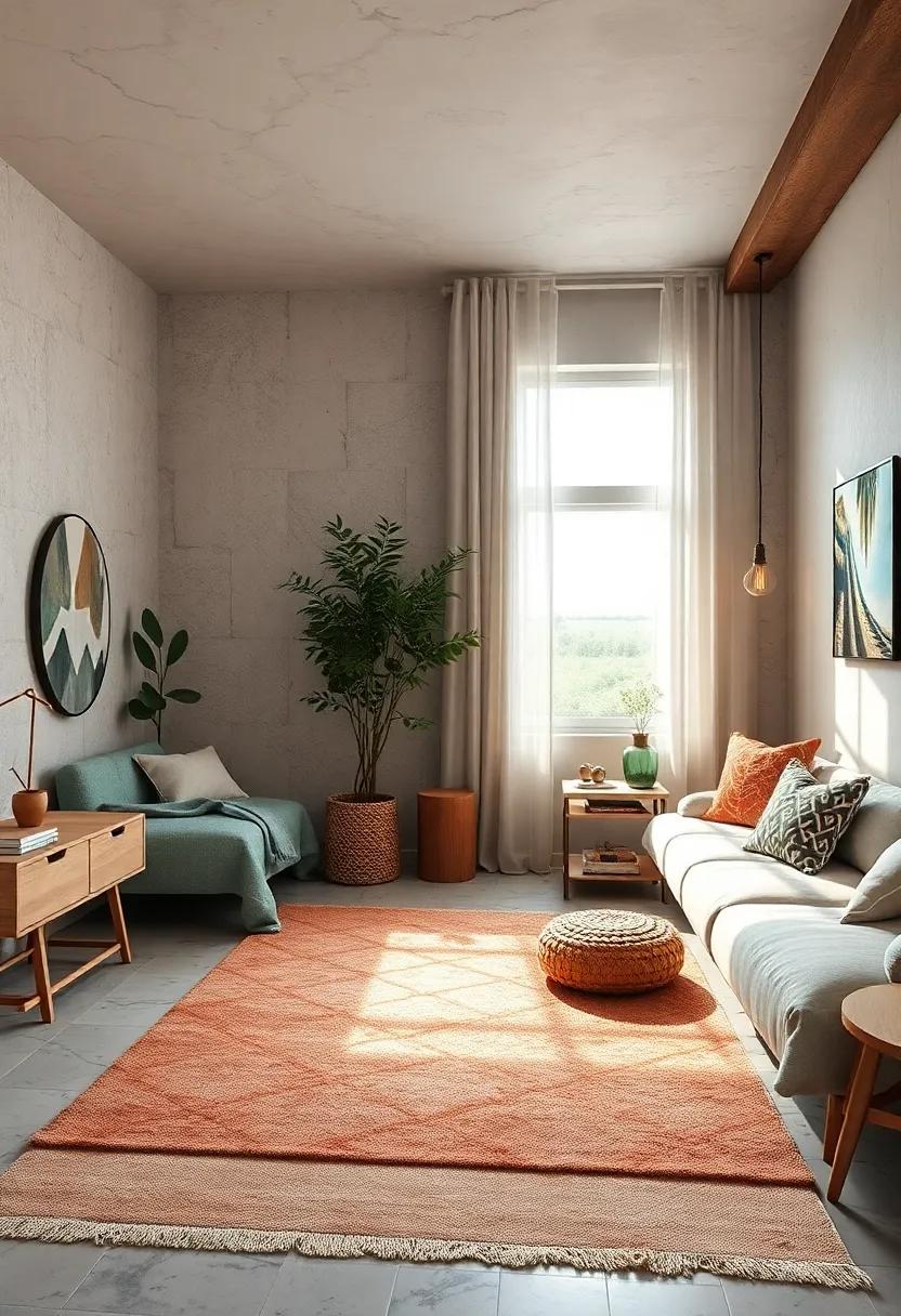 Use soft,earth-toned rugs with patterns inspired by sand,bark,or leaves to warm the floor