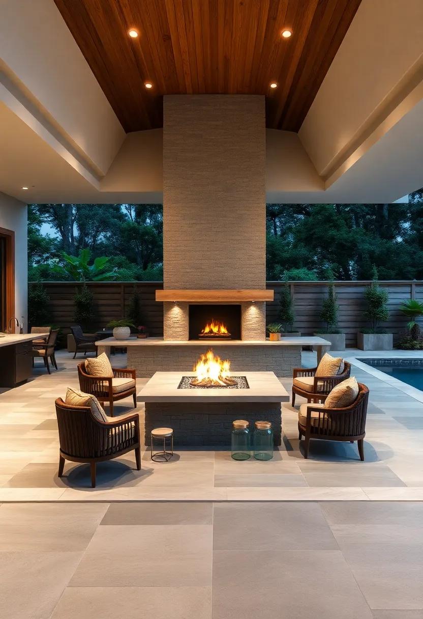 Double-Sided Fireplace Between ⁣Kitchen and ⁢Pool