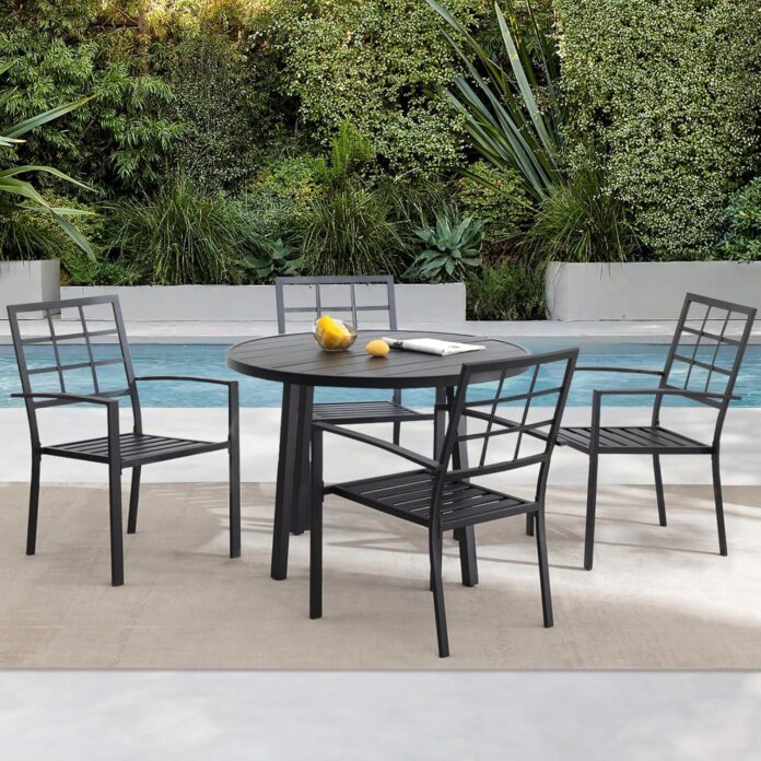 A Stylish Sturdy Black Metal Outdoor Dining Set For Four A Stylish Sturdy Black Metal Outdoor Dining Set For Four