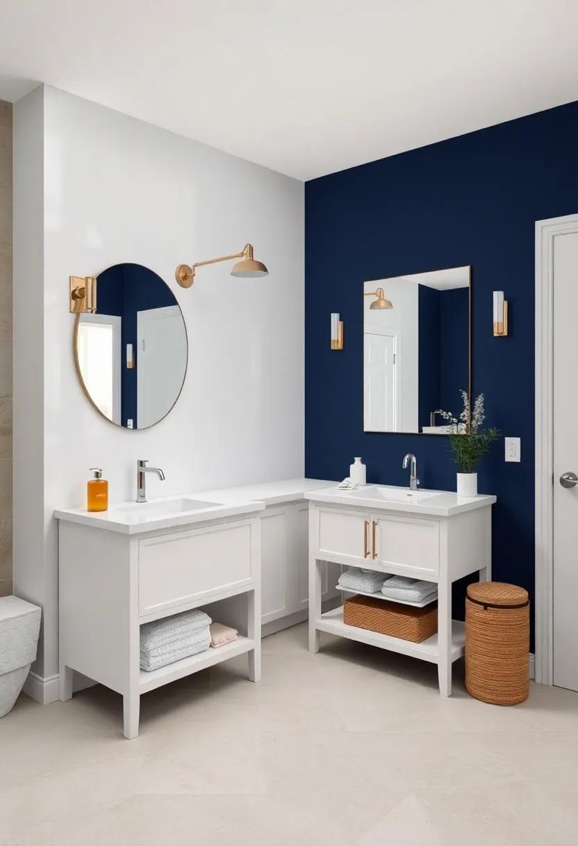Navy Blue and⁤ Bright White: Deep navy walls contrasted with pristine white vanities and accents evoke a serene,​ nautical-inspired retreat