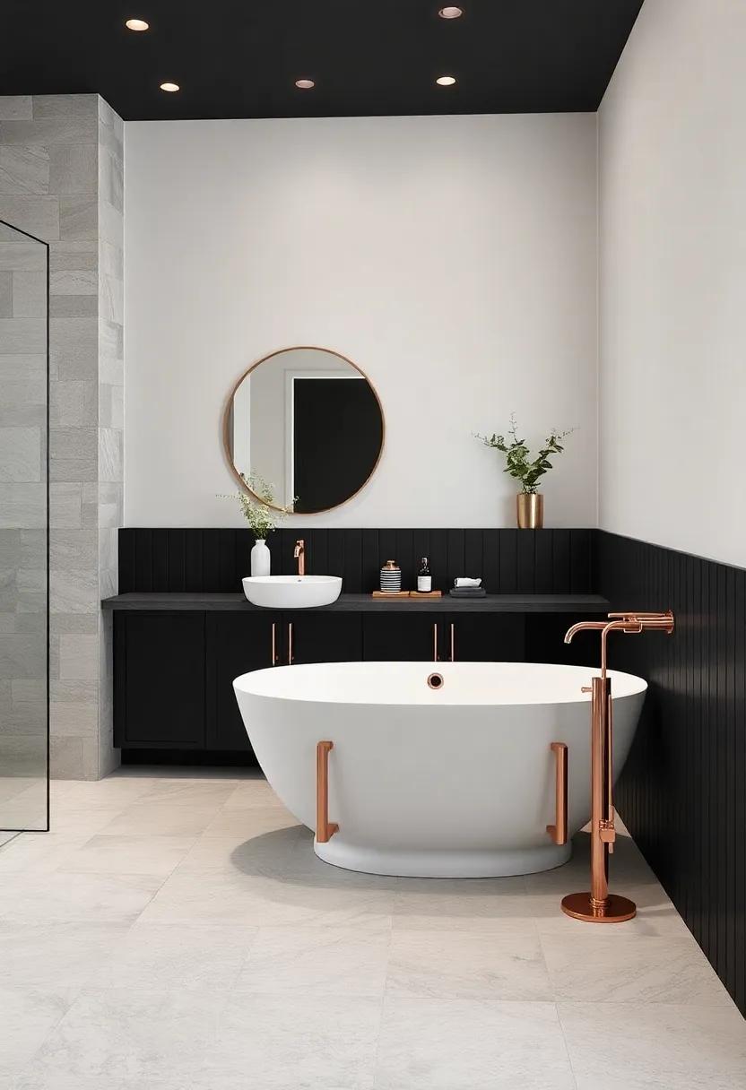pitch Black and ‍Rose Gold: dark black cabinetry accented with rose gold faucets and details add modern elegance with warmth