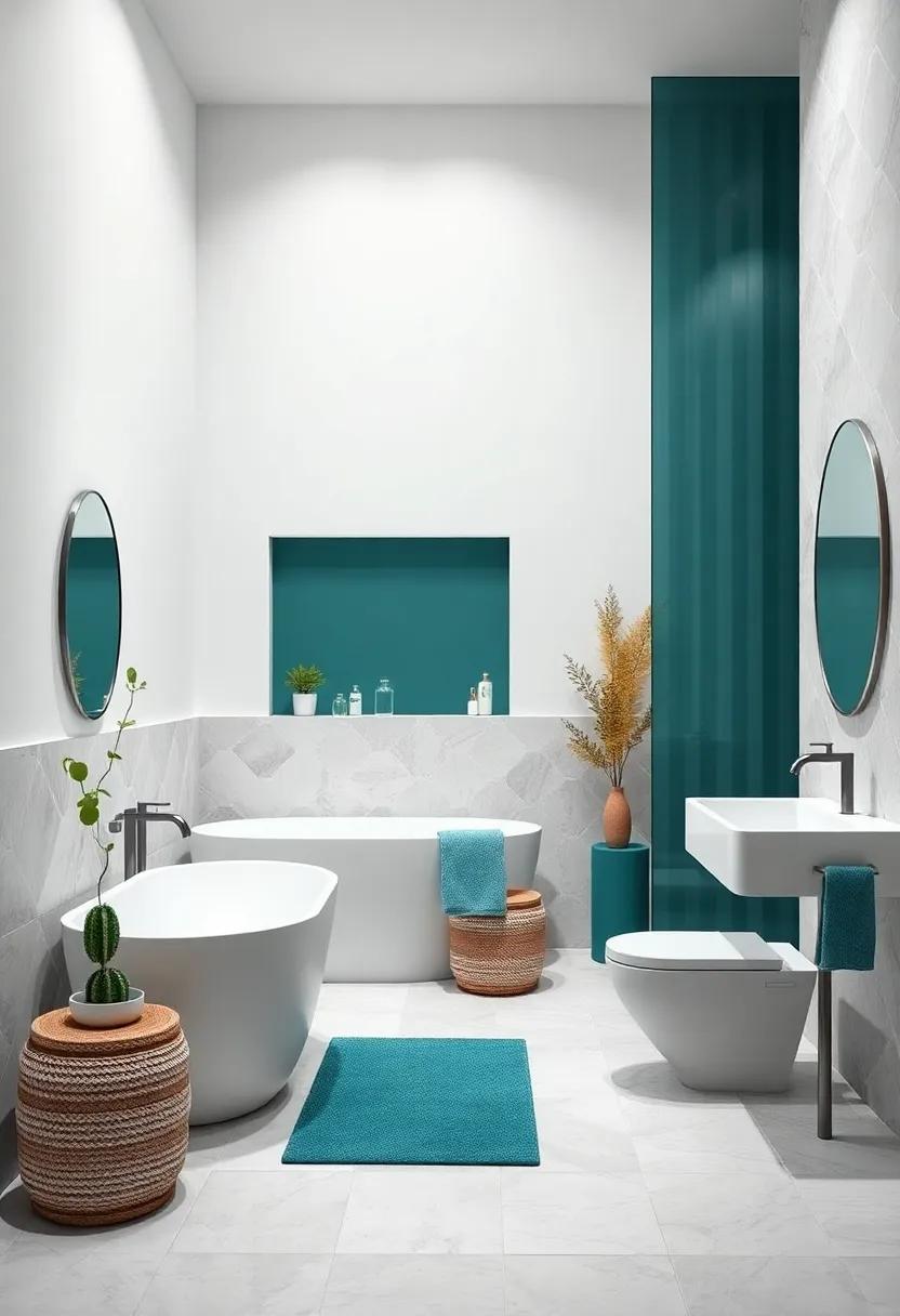 Pure white and Deep Teal:‌ Stark white elements contrasted with deep teal create a fresh yet ⁢moody atmosphere perfect ⁣for relaxation