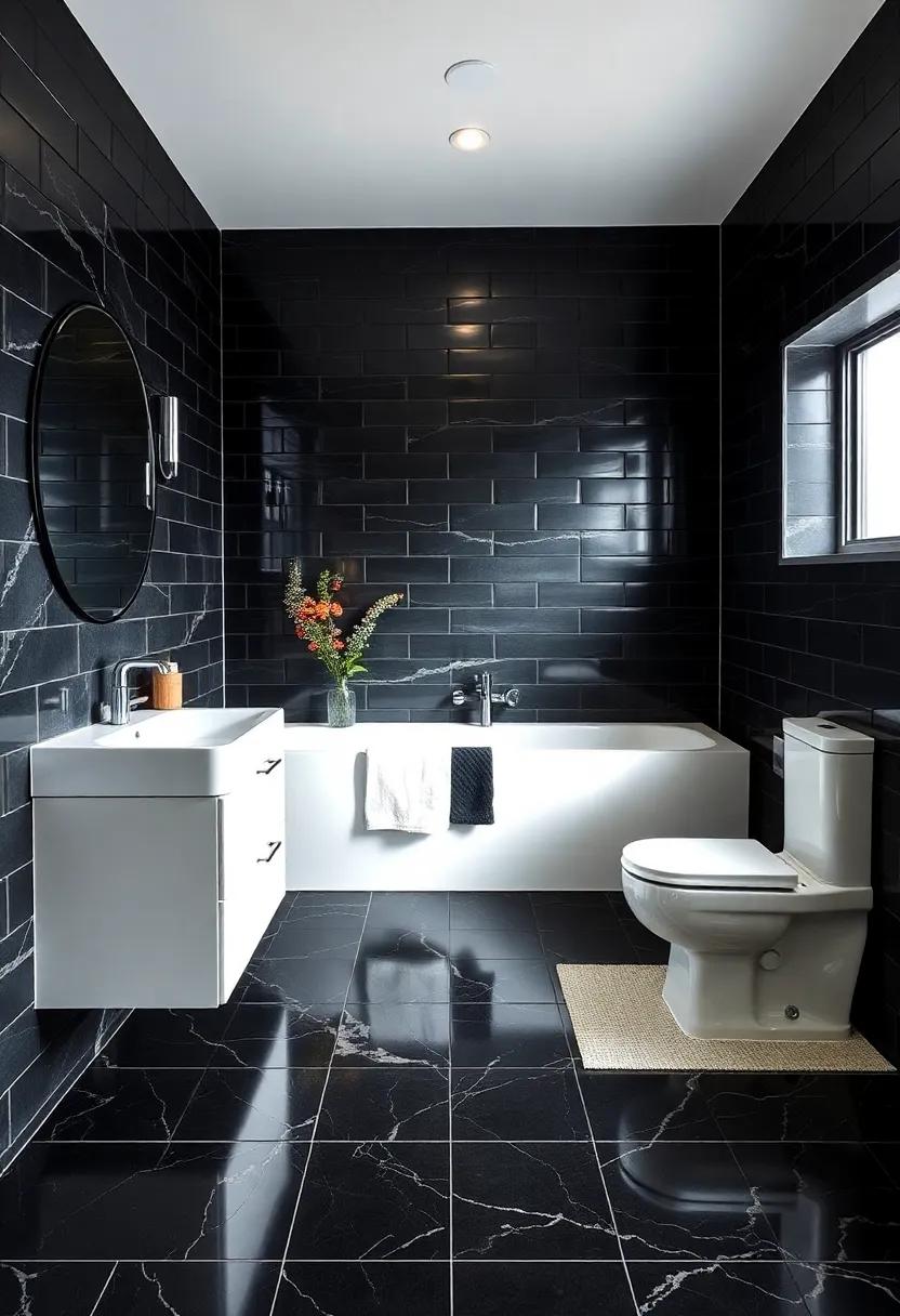 Jet Black and Clean Chrome: Black tiled floors with chrome fixtures achieve sleek modernity through reflective contrasts