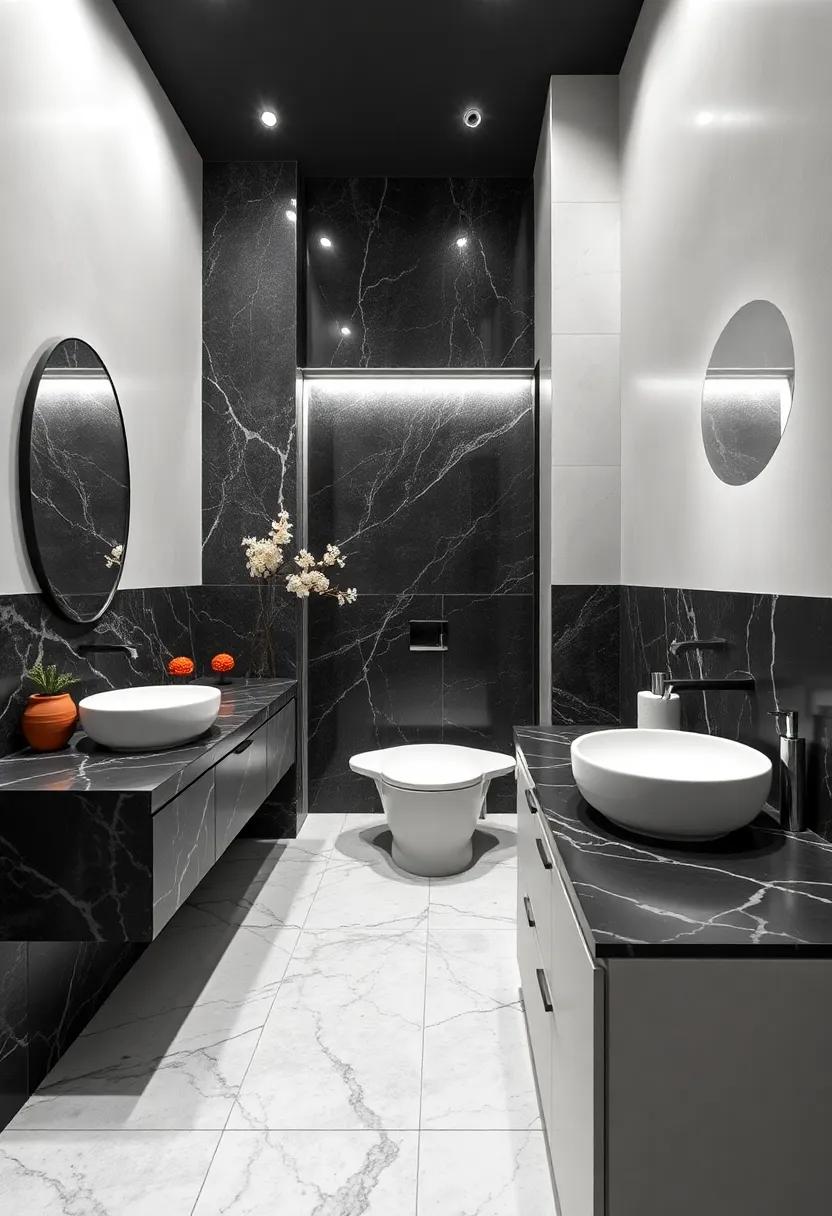 Graphite and Burnt Orange: Dark graphite surfaces contrasted by vibrant burnt orange accessories energize the space without overwhelming it