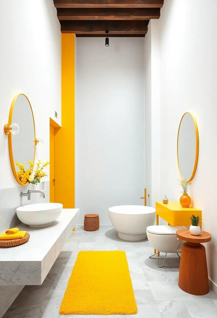 Crisp White and Canary Yellow: Bright white⁣ backgrounds paired with vibrant yellow touches inject sunshine and‍ optimism ​into the ​bathroom