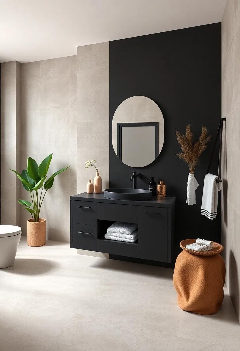 Matte‍ Black and Crisp Linen: A matte black vanity combined with linen-colored walls maintains boldness with soft, natural ⁣undertones