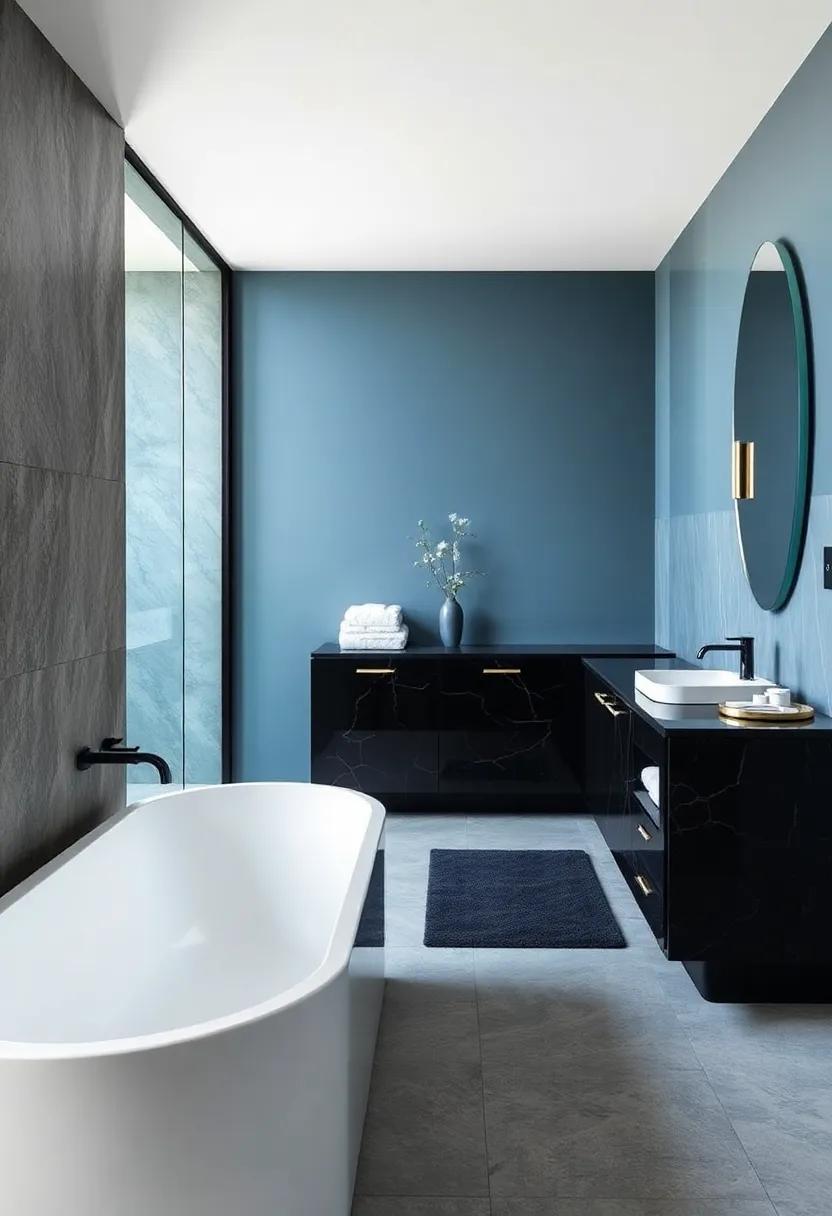 Onyx Black and ⁢Ice Blue: High-gloss onyx ⁣cabinetry set ​against ​icy blue walls evoke cool sophistication