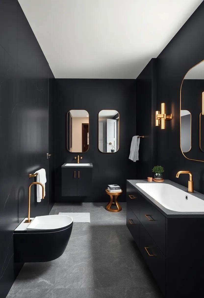 Jet Black and⁣ glossy Gold: Matte black surfaces accented with​ polished gold hardware and mirrors deliver high-end glamour