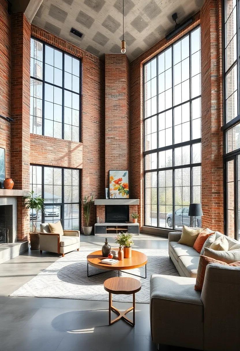 Exposed brick walls paired with expansive floor-to-ceiling ⁤windows create⁢ a ‌raw yet refined industrial living room that breathes natural light and ⁢texture