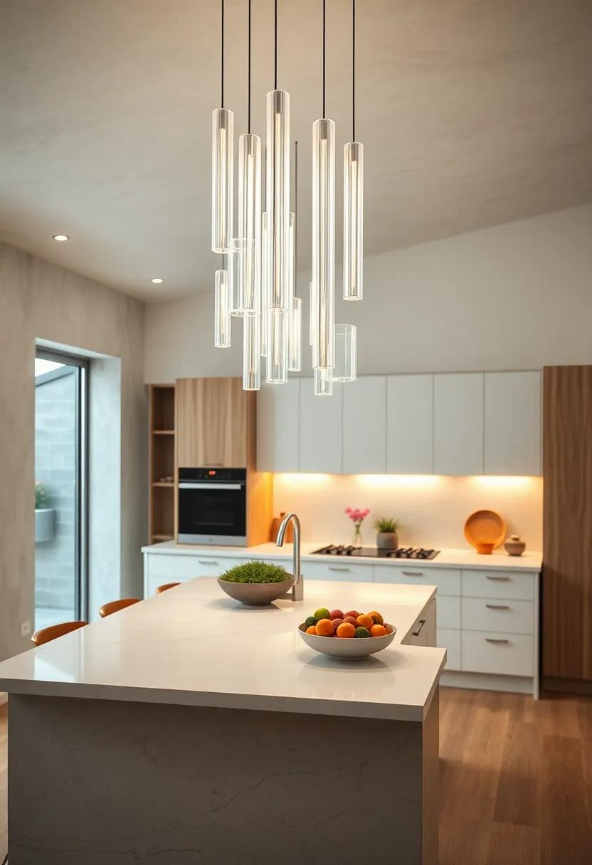 Transparent acrylic Tubes: Slim acrylic tubes hang gracefully for a futuristic and unobtrusive lighting effect over your cooking‍ area