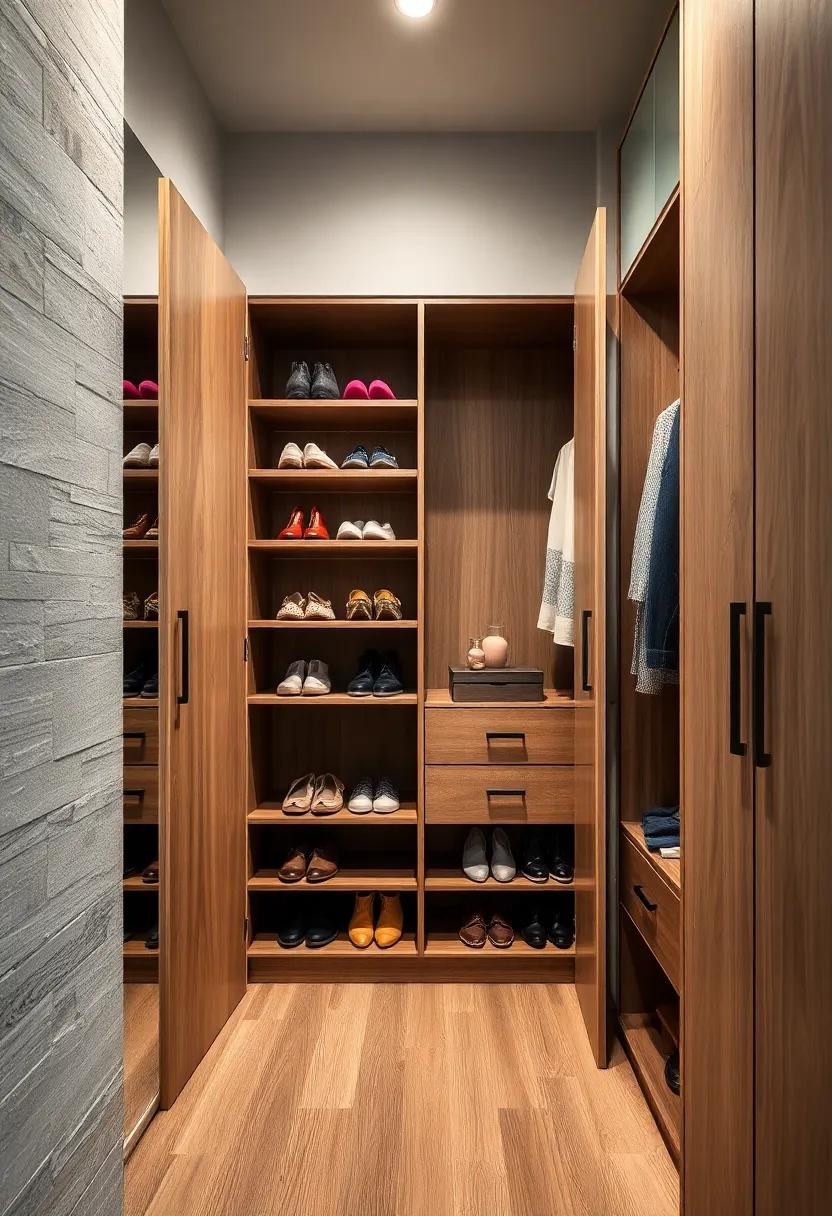 Integrated Shoe Racks in Closet Doors: Carve shallow shelves into closet doors to create extra shoe storage without reducing hanging space