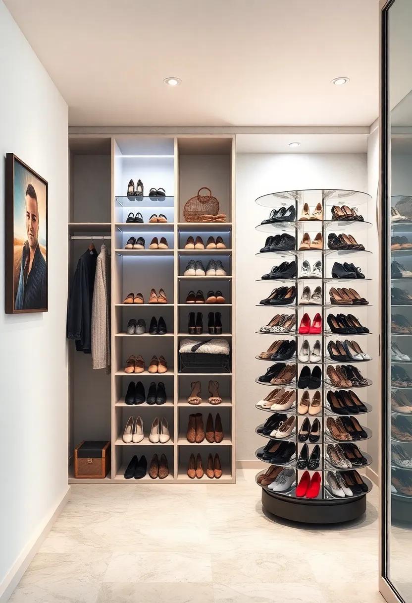 Rotating‍ Shoe Carousel: Install a rotating ‍shoe carousel ​in a corner ​or at the closet entrance ⁣to‌ store ​multiple pairs in ‌a ‌compact, accessible manner