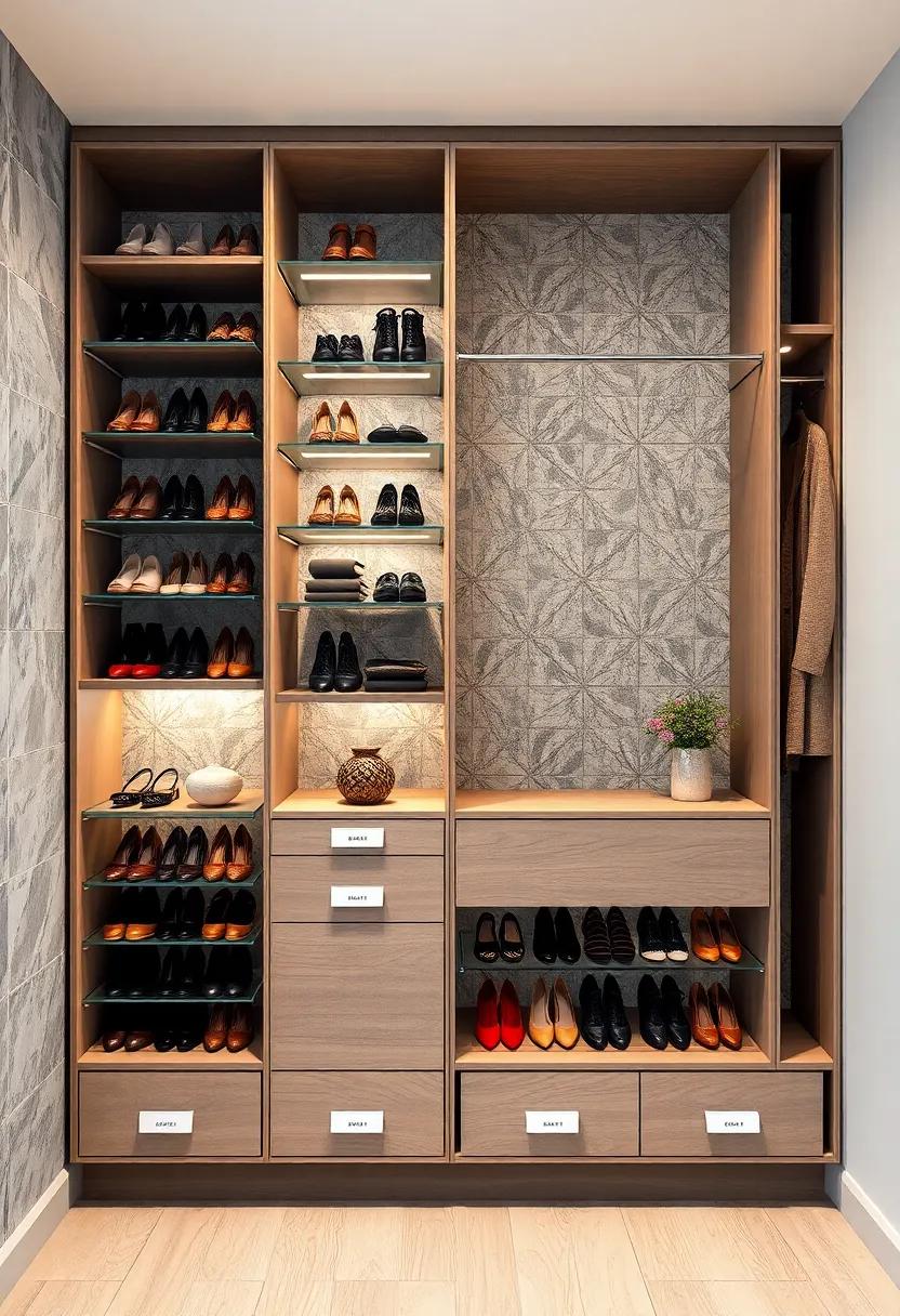 Shoe‍ Storage Compartments with Labels: Integrate labeled compartments or drawers to categorize​ shoes by type or season