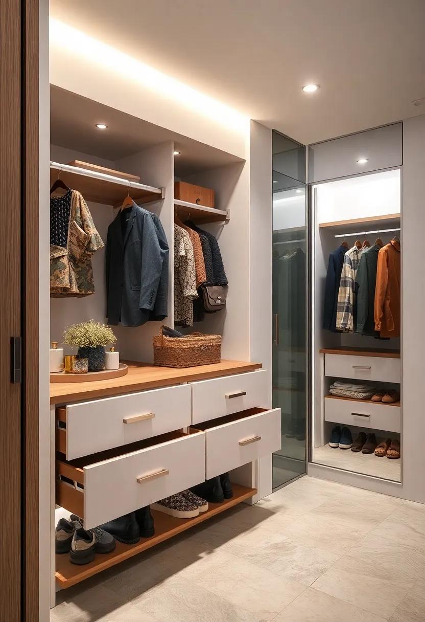 Slanted Shoe Racks Beneath Drawers: Build slanted racks under wardrobe ⁢drawers to utilize lower spaces while keeping ​shoes visible